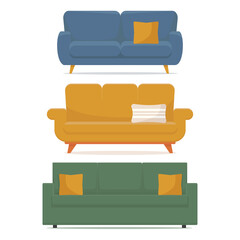 Set of stylish modern sofas with decorative pillows, isolated on white background. Element design of home interior. Cozy Domestic or Office Furniture. Vector illustration in flat style