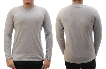 Blank long sleeved shirt mock up template, front and back view, Asian man wear plain grey t-shirt...