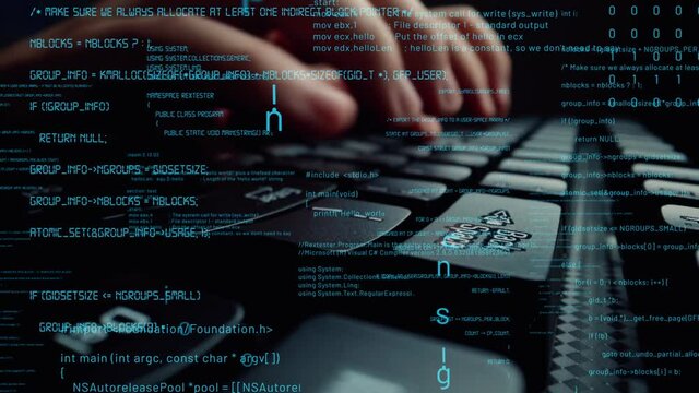 Creative visual of computer programming coding and software development shown by man working on computer keyboard with overlay of computer graphic displaying abstract program codes and computer script