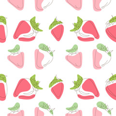 Simple cute seamless pattern with strawberries in line art style. Summer texture with red, pink, green colors. Cute background, minimalist sweet simple strawberries print for paper, fabric, textile.