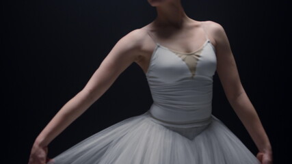 Fototapeta premium Tender ballerina touching hands tutu skirt indoors. Ballet dancer dancing inside