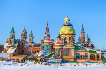 Fototapeta na wymiar Panorama of Temple of All Religions in winter, Kazan, Russia. Concept of building combines elements of religious buildings of all world religions