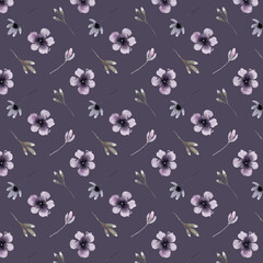 Background of watercolor flowers, branches with berries and birds. Watercolor pattern of natural watercolor elements for textiles, cards and invitations.