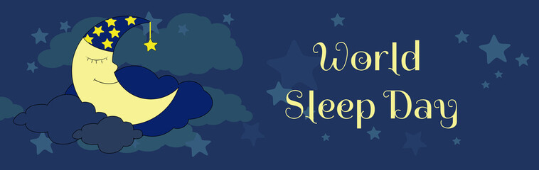 Horizontal banner A moon in a cap smiles and is at night in the clouds and among the stars. World sleep day and the concept of good sleep, fairy dreams, dreams and magic.
