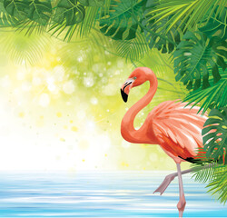 Vectot tropical leaves and flamingo background.