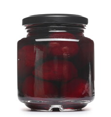 Beets in glass jar, conserved beetroot pieces isolated on white background