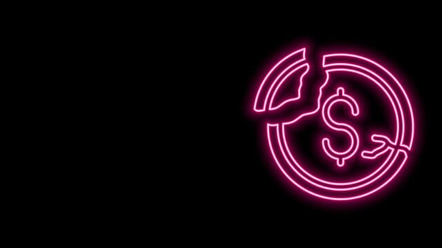 Glowing neon line Dollar rate decrease icon isolated on black background. Cost reduction. Money symbol with down arrow. Business lost crisis decrease. 4K Video motion graphic animation