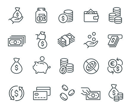 Money and Coins Icons Set. Such as Piggy Bank, Cash, Credit Cards, Money Bag, Currency Exchange, Coins and Paper Bills and others. Editable vector stroke.