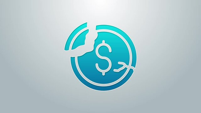Blue line Dollar rate decrease icon isolated on grey background. Cost reduction. Money symbol with down arrow. Business lost crisis decrease. 4K Video motion graphic animation