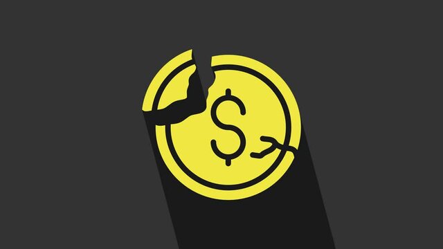 Yellow Dollar rate decrease icon isolated on grey background. Cost reduction. Money symbol with down arrow. Business lost crisis decrease. 4K Video motion graphic animation