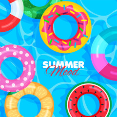 Colorful lifebuoy on water ripple surface pattern. Summer banner concept. Pool party. Blue background. Vector illustration.