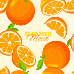 Orange seamless pattern. Summer banner concept. Yellow background. Vector illustration.	