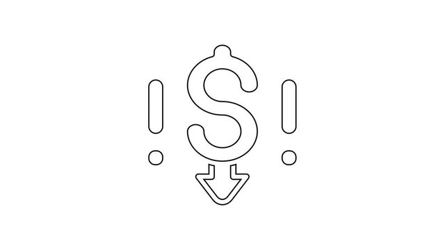Black line Dollar rate decrease icon isolated on white background. Cost reduction. Money symbol with down arrow. Business lost crisis decrease. 4K Video motion graphic animation