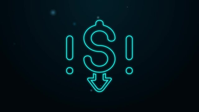 Glowing neon line Dollar rate decrease icon isolated on black background. Cost reduction. Money symbol with down arrow. Business lost crisis decrease. 4K Video motion graphic animation