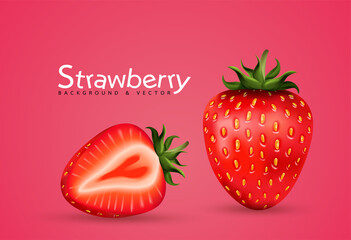 3d realistic transparent isolated vector set, whole and slice of strawberry, strawberry in a splash of juice with drops, strawberry in a splash of milk or yogurt