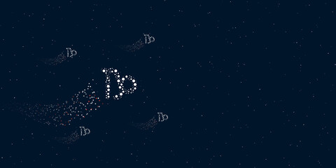 Fototapeta na wymiar A zodiac capricorn symbol filled with dots flies through the stars leaving a trail behind. There are four small symbols around. Vector illustration on dark blue background with stars