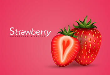 3d realistic transparent isolated vector set, whole and slice of strawberry, strawberry in a splash of juice with drops, strawberry in a splash of milk or yogurt