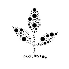 A large sprout symbol in the center made in pointillism style. The center symbol is filled with black circles of various sizes. Vector illustration on white background