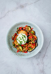 Caponata salad, cherry tomatoes and burrata