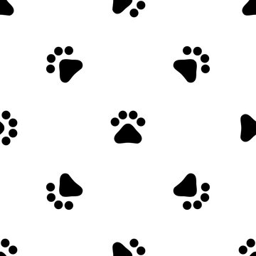 Seamless pattern of repeated black pet symbols. Elements are evenly spaced and some are rotated. Vector illustration on white background