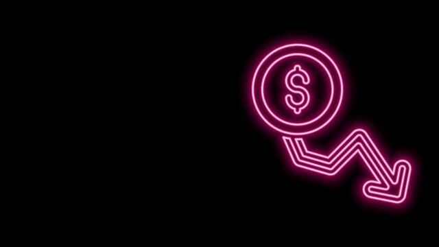 Glowing neon line Dollar rate decrease icon isolated on black background. Cost reduction. Money symbol with down arrow. Business lost crisis decrease. 4K Video motion graphic animation