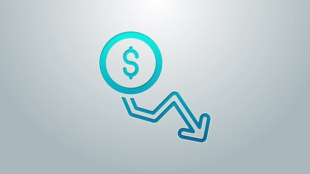 Blue line Dollar rate decrease icon isolated on grey background. Cost reduction. Money symbol with down arrow. Business lost crisis decrease. 4K Video motion graphic animation