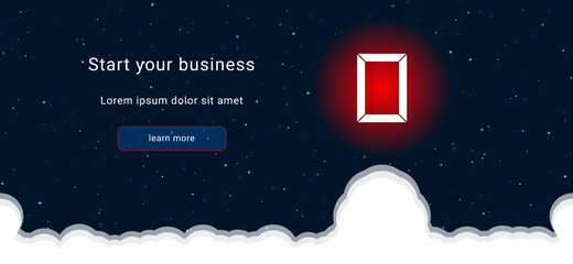 Business startup concept Landing page screen. The photo frame symbol on the right is highlighted in bright red. Vector illustration on dark blue background with stars and curly clouds from below