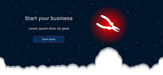 Business startup concept Landing page screen. The pliers symbol on the right is highlighted in bright red. Vector illustration on dark blue background with stars and curly clouds from below