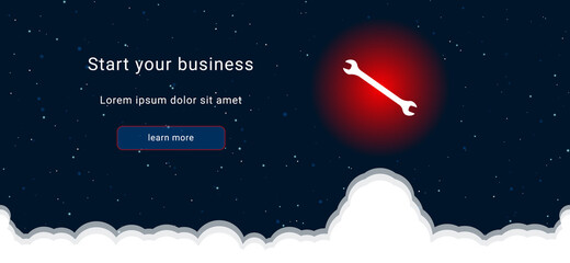 Business startup concept Landing page screen. The wrench symbol on the right is highlighted in bright red. Vector illustration on dark blue background with stars and curly clouds from below