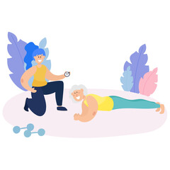 An active grandmother goes in for sports under the supervision of a coach.