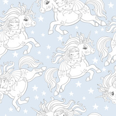 Seamless vector pattern with cute unicorns and stars on blue