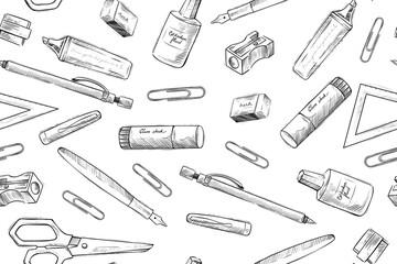 Seamless pattern of school supplies, stationery, monochrome, vector
