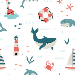 Cute hand drawn sea life seamless pattern, happy whales and decoration, great for summer textiles, banners, wallpapers, wrapping - vector design © TALVA