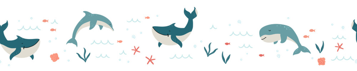 Cute hand drawn sea life seamless pattern, happy whales and decoration, great for summer textiles, banners, wallpapers, wrapping - vector design