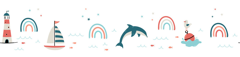 Cute hand drawn sea life seamless pattern, happy whales and decoration, great for summer textiles, banners, wallpapers, wrapping - vector design