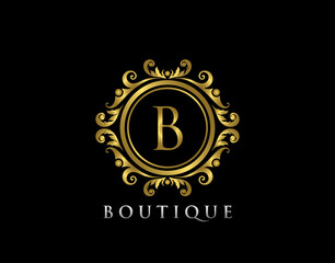 Elegant Boutique B Letter Logo. Golden floral badge design  for Royalty, Letter Stamp, Boutique,  Hotel, Heraldic, Jewelry, Wedding.