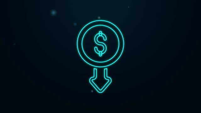 Glowing neon line Dollar rate decrease icon isolated on black background. Cost reduction. Money symbol with down arrow. Business lost crisis decrease. 4K Video motion graphic animation