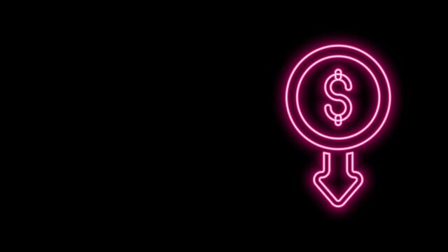 Glowing neon line Dollar rate decrease icon isolated on black background. Cost reduction. Money symbol with down arrow. Business lost crisis decrease. 4K Video motion graphic animation