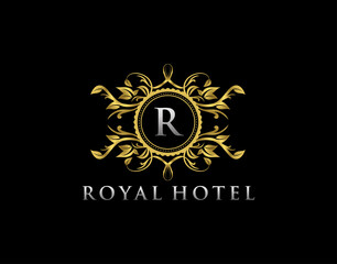 Luxury Boutique R Letter Logo. Golden floral badge design  for Royalty, Letter Stamp, Boutique,  Hotel, Heraldic, Jewelry, Wedding.