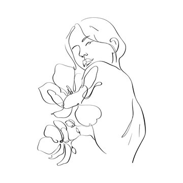 Women and flowers line art. Girl with flowers and leaves one line vector drawing. Portrait continuous line art drawing for prints, tattoos, cosmetics, fashion, Beauty salon and wall home decoration.