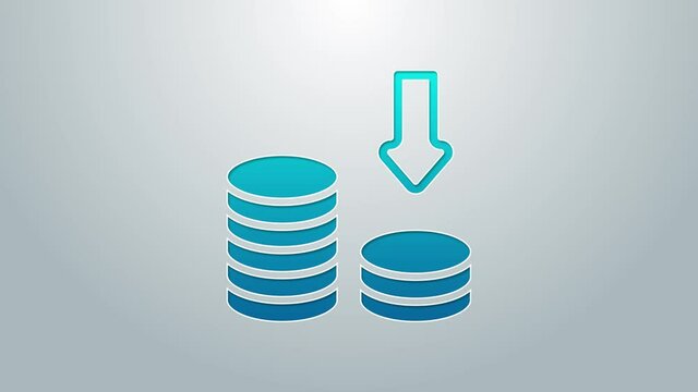 Blue line Dollar rate decrease icon isolated on grey background. Cost reduction. Money symbol with down arrow. Business lost crisis decrease. 4K Video motion graphic animation