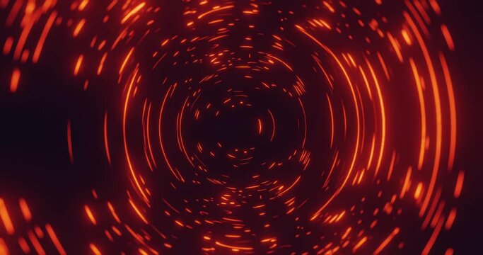 Abstract 3D looped background with red infernal neon lights in perpetual rotation on a dark background. The circles of hell. Dark bright rotating animation