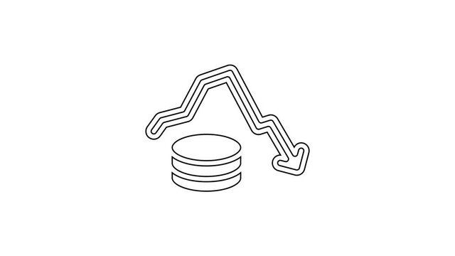 Black line Dollar rate decrease icon isolated on white background. Cost reduction. Money symbol with down arrow. Business lost crisis decrease. 4K Video motion graphic animation