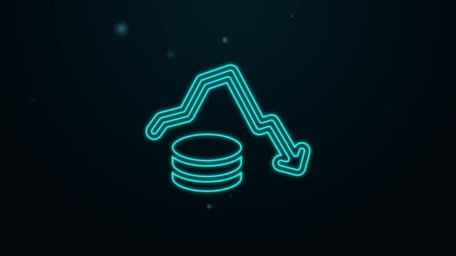 Glowing neon line Dollar rate decrease icon isolated on black background. Cost reduction. Money symbol with down arrow. Business lost crisis decrease. 4K Video motion graphic animation