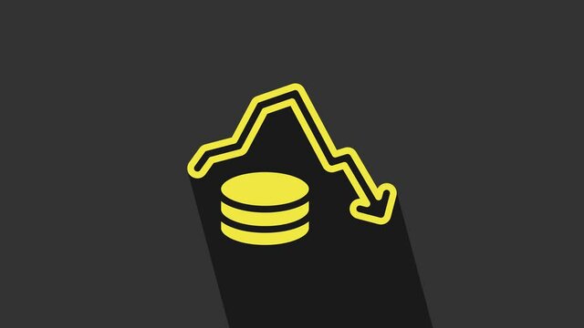 Yellow Dollar rate decrease icon isolated on grey background. Cost reduction. Money symbol with down arrow. Business lost crisis decrease. 4K Video motion graphic animation