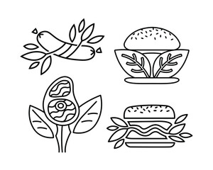 Plant based meat, vector of black line icons. Set of vegan hamburger, sausage, steak. Green leaves instead of meat. Food product made from plants. Designed and created to look like and cook like meat.
