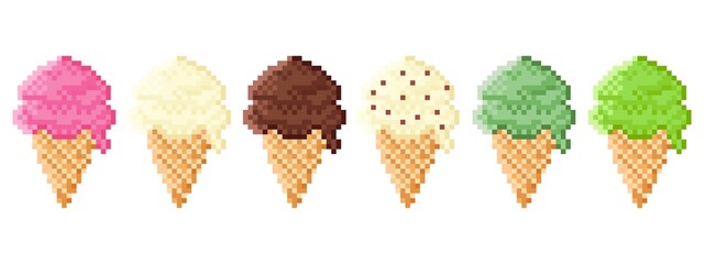 Set Ice cream pixel art. Vector picture. Ice cream cone icon. Colorful Ice cream. Vector illustration. Ice cream cone pixel art. Various flavors.
