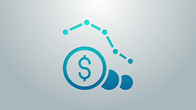 Blue line Dollar rate decrease icon isolated on grey background. Cost reduction. Money symbol with down arrow. Business lost crisis decrease. 4K Video motion graphic animation
