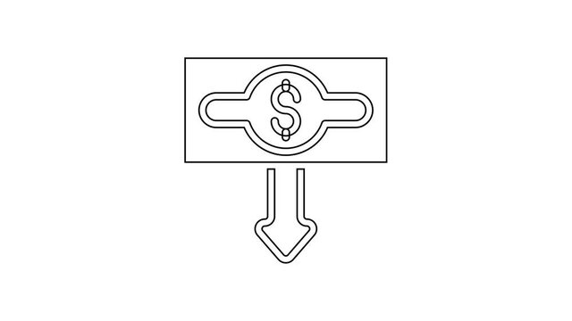 Black line Dollar rate decrease icon isolated on white background. Cost reduction. Money symbol with down arrow. Business lost crisis decrease. 4K Video motion graphic animation