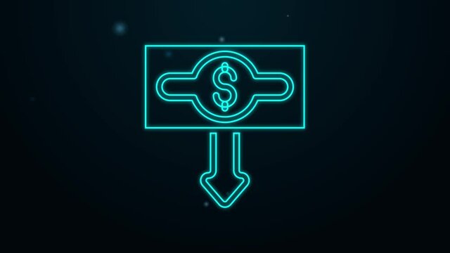 Glowing neon line Dollar rate decrease icon isolated on black background. Cost reduction. Money symbol with down arrow. Business lost crisis decrease. 4K Video motion graphic animation